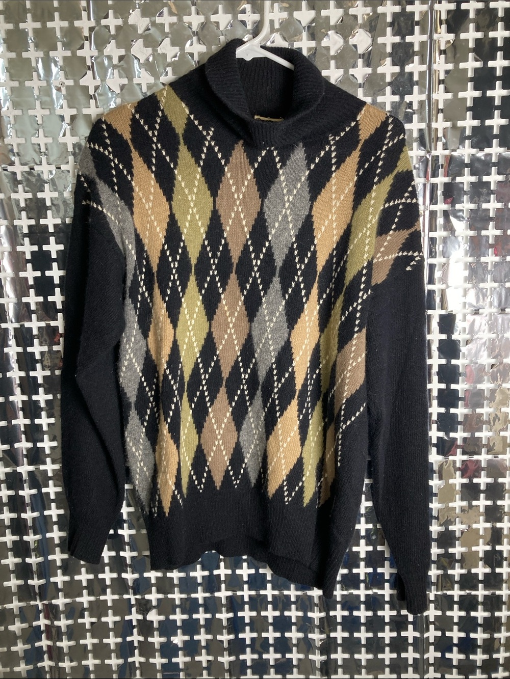 Rafaella Black Argyle Turtleneck Sweater with Tan, Olive & Gray Pattern